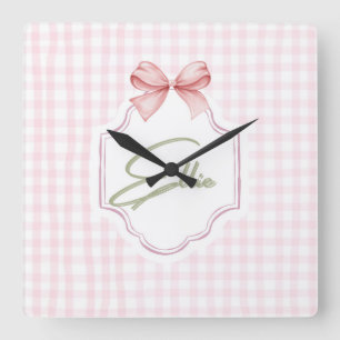 Ellie Personalized Pink Bow & Gingham Print Square Wall Clock