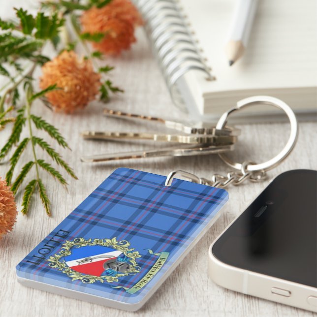 Elliott Crest And Tartan Acrylic Key Ring (Front Right)