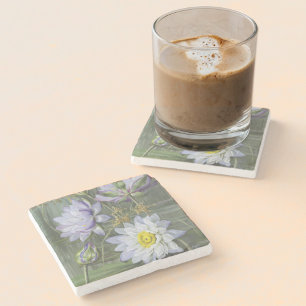 Ellis Rowan Blue White Water Lily Vintage Flowers Stone Coaster