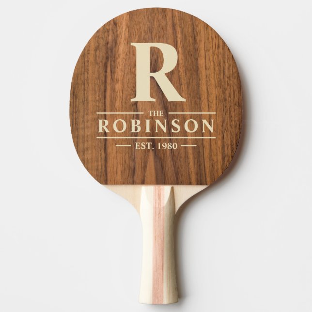 Elm Wood Family Name & Initial Ping Pong Paddle (Front)