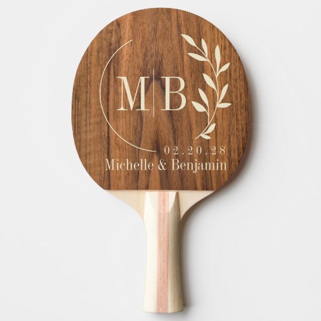 Elm Wood Leaf Wedding Monogram Ping Pong Paddle (Front)