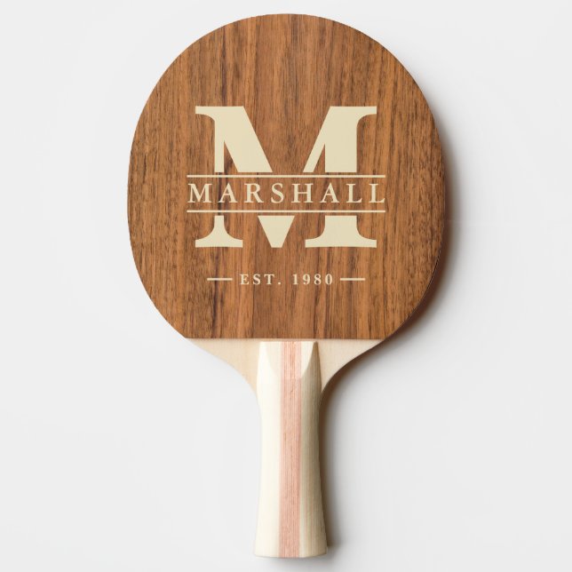 Elm Wood Monogram & Name Overlay Ping Pong Paddle (Back)