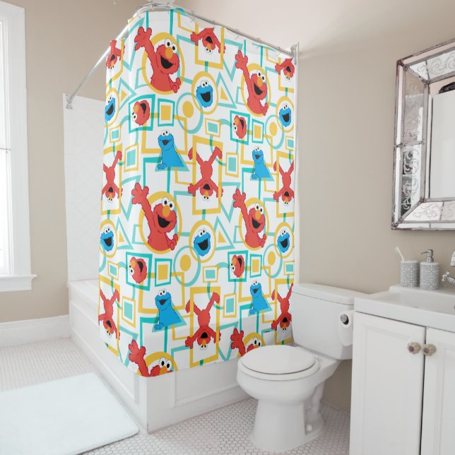 Elmo & Cookie Monster Fun Shapes Pattern Shower Curtain (In Situ)