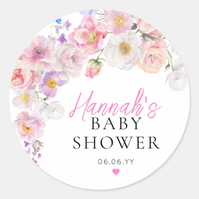 Eloise Pink Floral Baby Shower Classic Round Sticker (Front)
