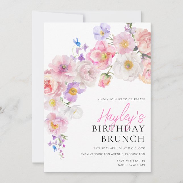 Eloise Pink Floral Birthday Brunch Invitation (Front)