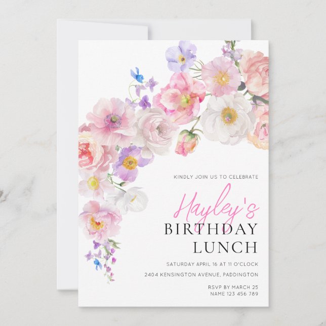 Eloise Pink Floral Birthday Lunch Invitation (Front)