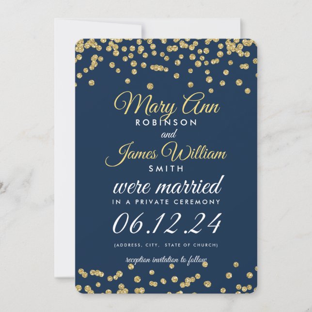 Elopement Gold Faux Glitter Confetti Navy Blue Invitation (Front)