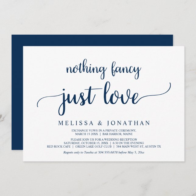 Elopement, Nothing Fancy Just Love, Navy Blue Invitation (Front/Back)