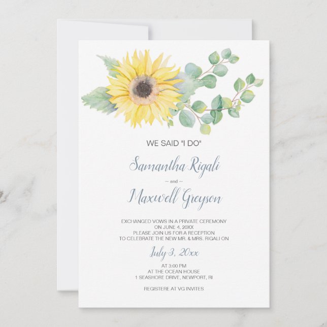 Elopement Reception Invite, Eucalyptus Sunflower Invitation (Front)