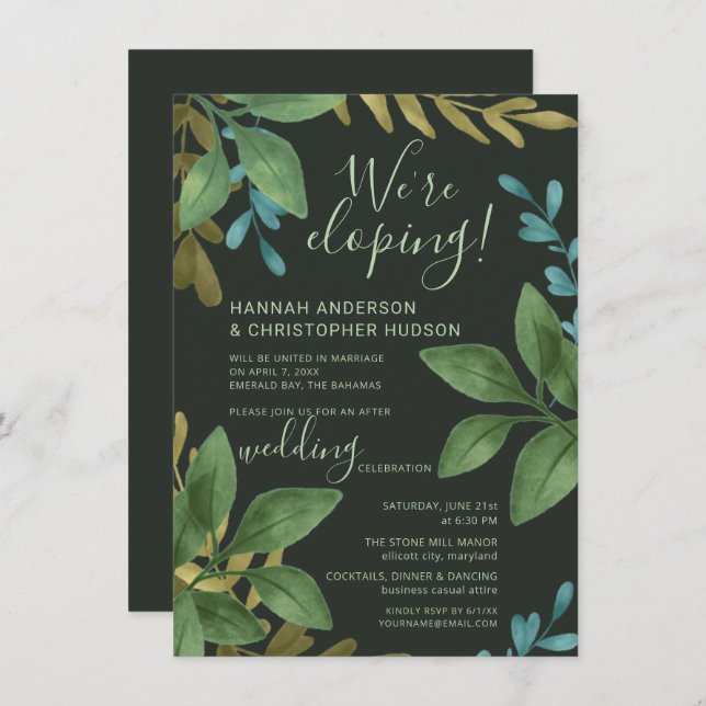 Elopement Wedding Watercolor Leaves Reception Only Invitation (Front/Back)