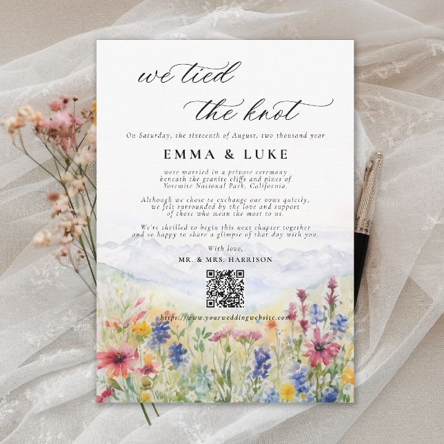 Elopement Wildflower Mountain Wedding Announcement (elopement wedding announcement card qr code mountain wildflowers meadow watercolor)