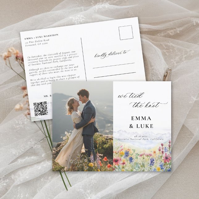 Elopement Wildflowers Mountain Photo QR Wedding Postcard (elopement wedding announcement postcard qr code mountain wildflowers meadow watercolor photo modern)