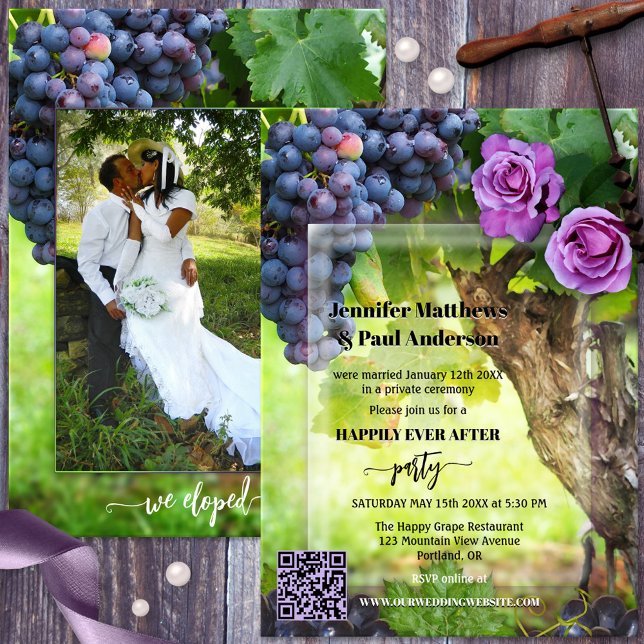 Elopement Wine Themed Wedding Photo  Invitation (Happily ever after winery wedding invitation featuring your own photo framed by a vineyard design.)
