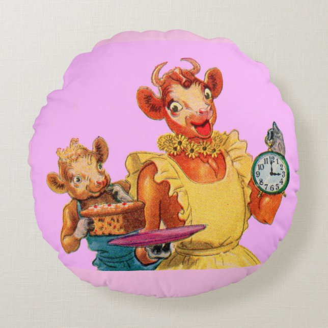 Elsie the Cow and daughter Beulah - It's Cake Time Round Cushion (Front)