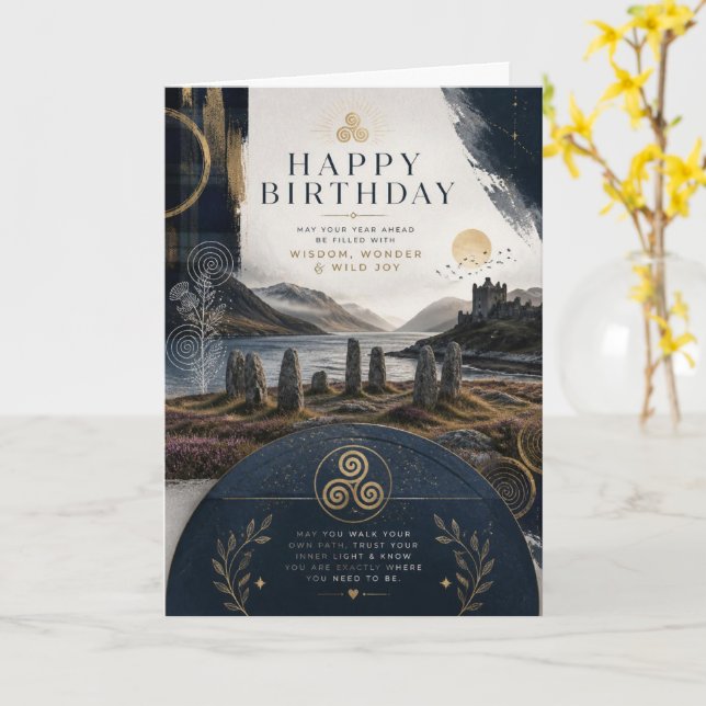 eltic Scottish Castle Birthday Card, Mystic Card (Yellow Flower)