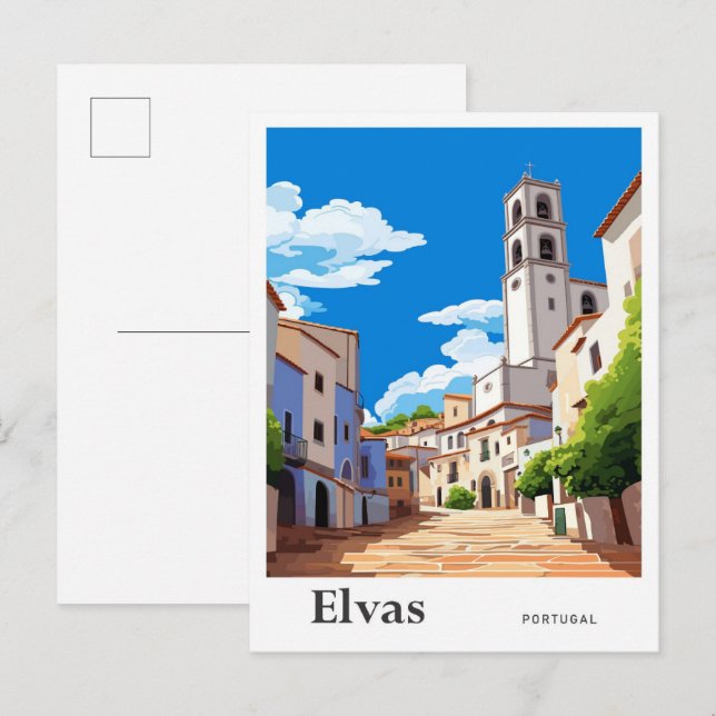 Elvas Portugal Vintage Travel Illustration Postcard (Front/Back)