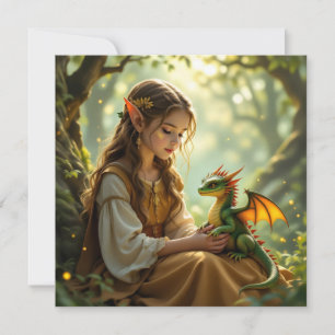 Elven Fairy with Dragon in Enchanted Forest Card
