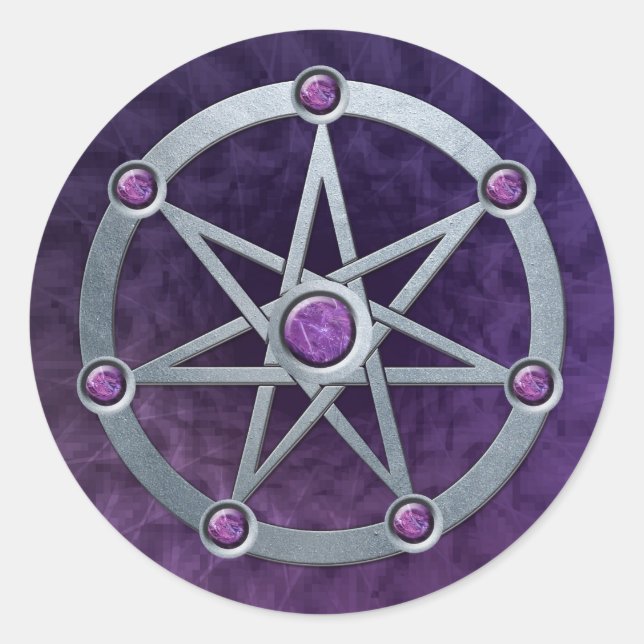 Elven star Silver embossed with Amethyst Classic Round Sticker (Front)