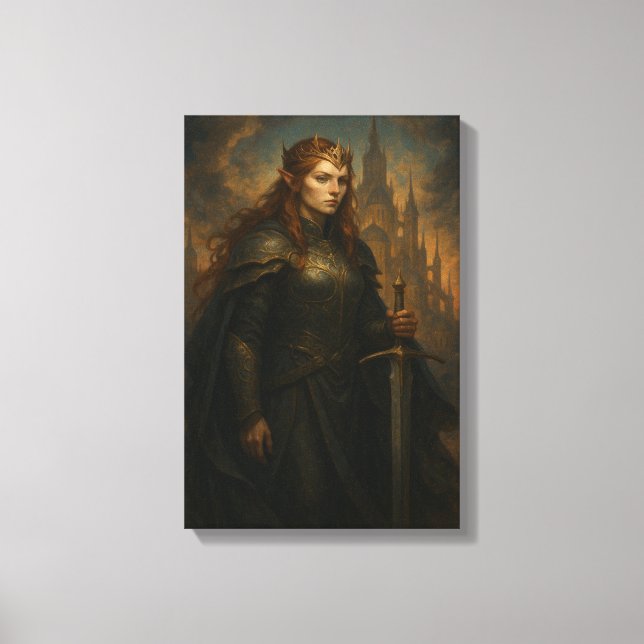 Elven Warrior Queen in Armour with Crown and Sword Canvas Print (Front)