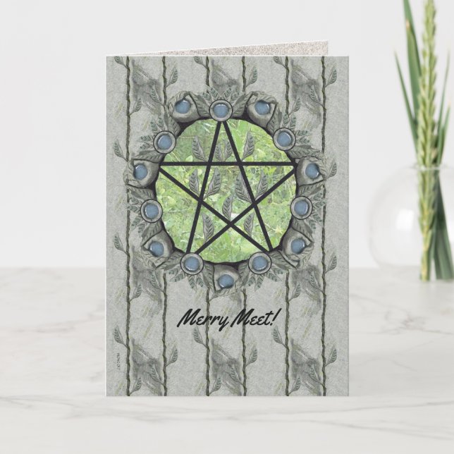 Elvenwood Pentacle Green Leaf Holiday Card (Front)