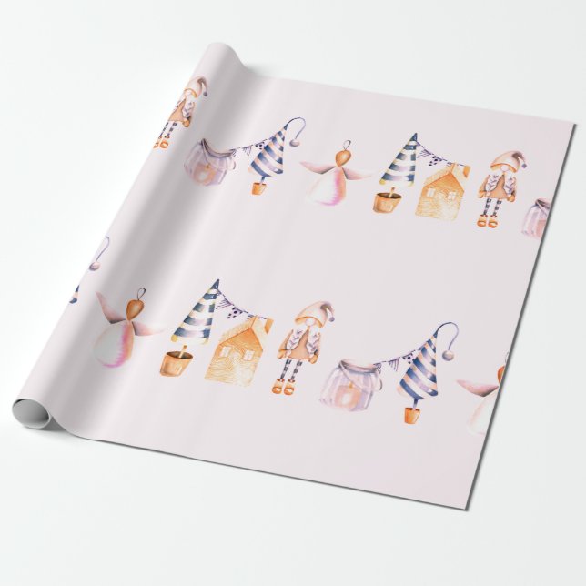 ELVES AND CHRISTMAS TREE PATTERN IN WATERCOLOR WRAPPING PAPER (Unrolled)