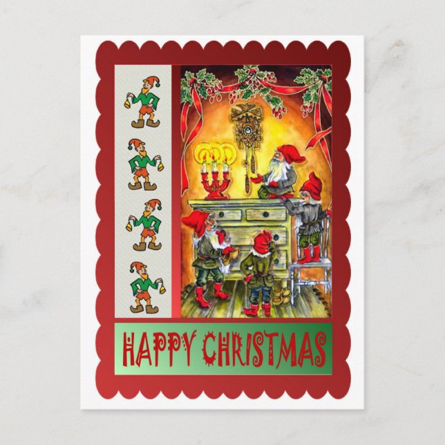 Elves at home holiday postcard (Front)