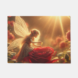 Elves pollinate red rose with love doormat