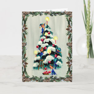 ELVES TRIMMING TREE & WREATH by SHARON SHARPE Holiday Card