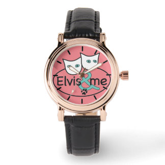 'Elvis & Me' Pink Square Watch Black Leather Strap
