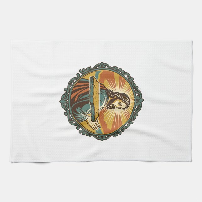 Embarrassed Jesus Tripping Flat Surface Public Clu Tea Towel (Horizontal)