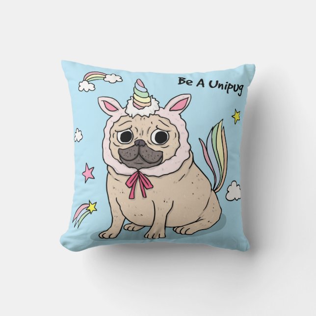 Embarrassed Pug with Unicorn Hat on Cushion (Front)
