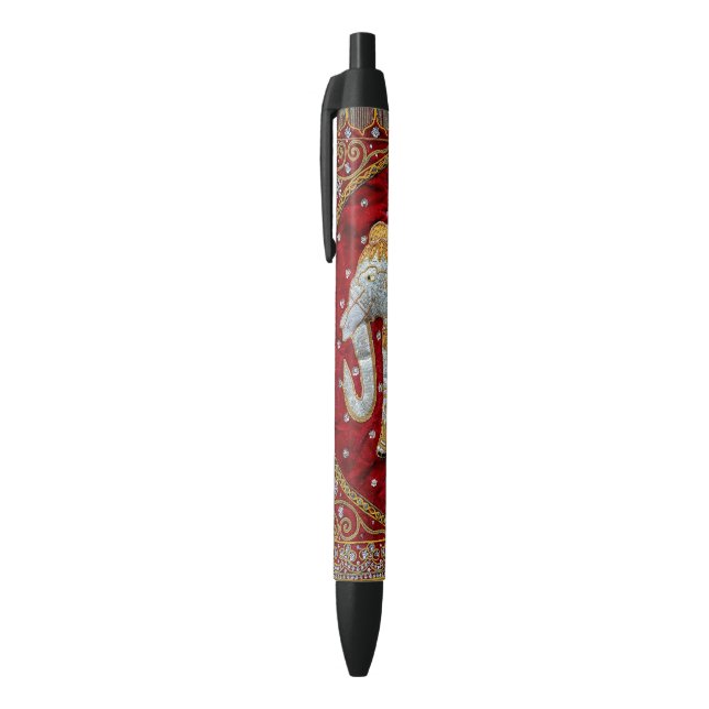 Embellished Indian Elephant Red and Gold Black Ink Pen (Top (Vertical))