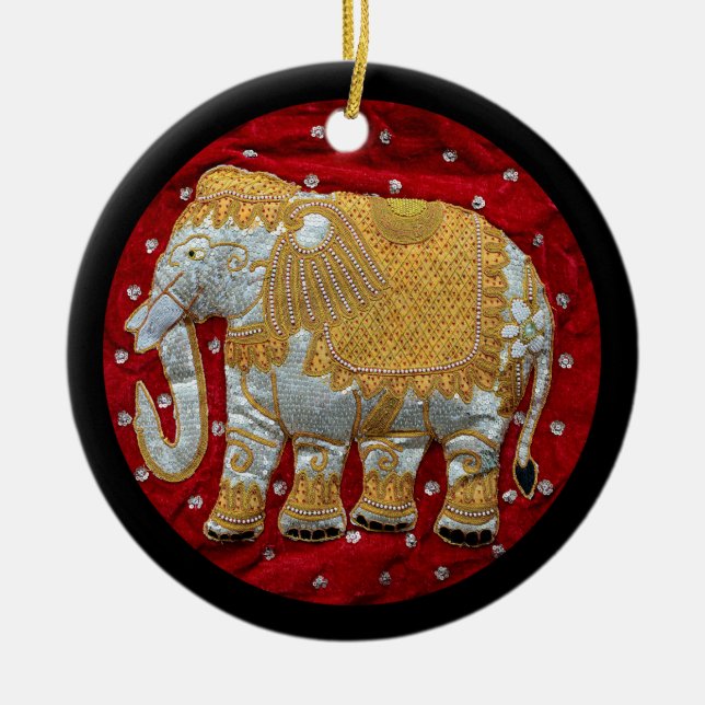 Embellished Indian Elephant Red and Gold Ceramic Tree Decoration (Front)