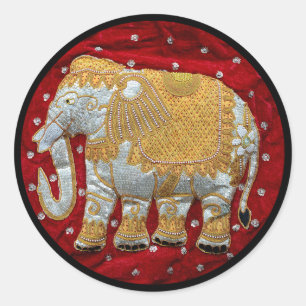 Embellished Indian Elephant Red and Gold Classic Round Sticker