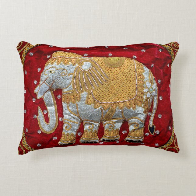 Embellished Indian Elephant Red and Gold Decorative Cushion (Front)