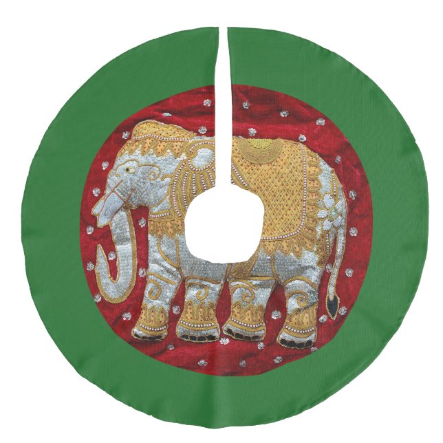 Embellished Indian Elephant Red and Gold Faux Linen Tree Skirt (Front)