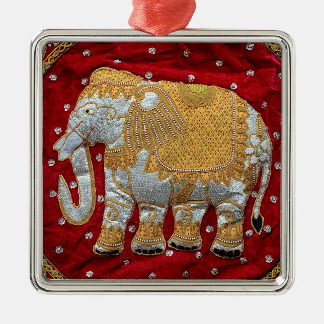 Embellished Indian Elephant Red and Gold Metal Tree Decoration (Front)
