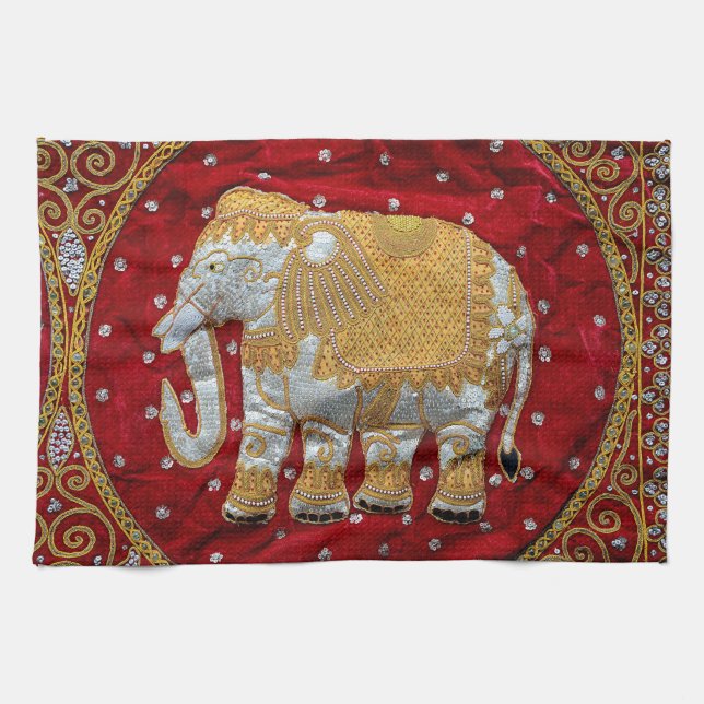 Embellished Indian Elephant Red and Gold Tea Towel (Horizontal)