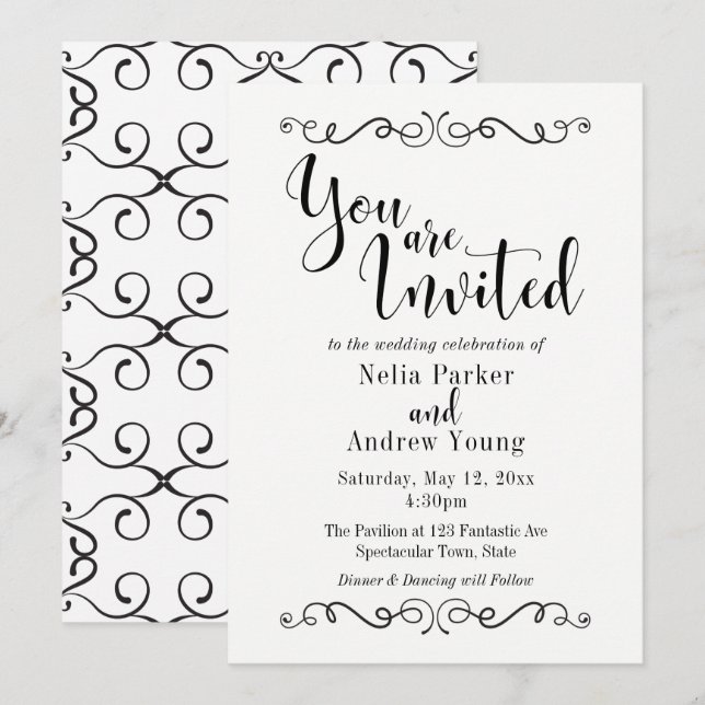 Embellished Modern Elegant Black Text Wedding 2 Invitation (Front/Back)