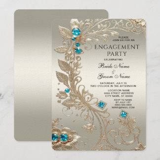 Embellishing Gold Blue Stone Engagement Invitation