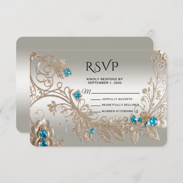 Embellishing Gold Blue Stones RSVP Card (Front/Back)