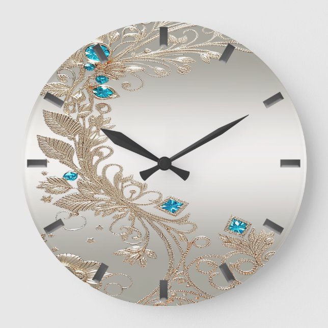 Embellishing Gold Blue Stones Wall Clock (Front)