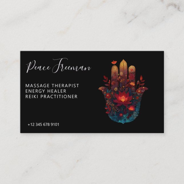 Ember Lotus | Hamsa Hand Design Business Card (Front)