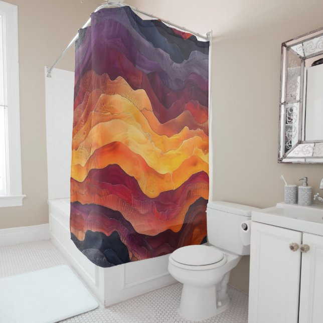 Ember Strata – Abstract Layers of Earth and Fire Shower Curtain (In Situ)
