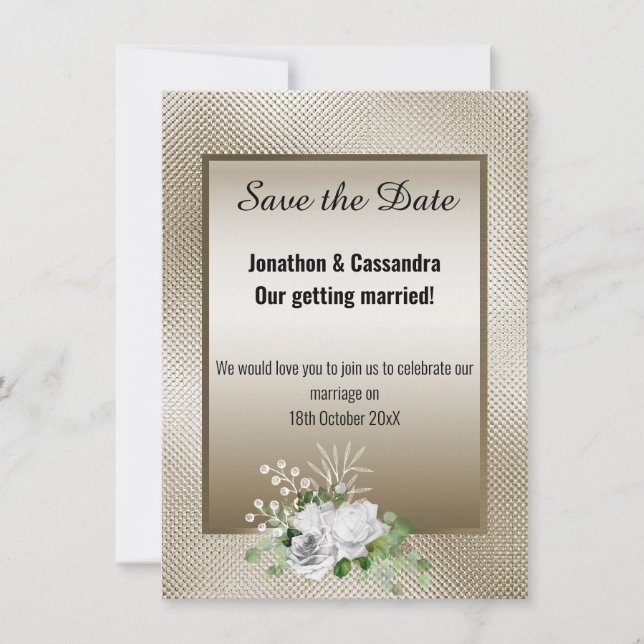 EMBOSS BRONZE ROSE EUCALYPTUS SAVE THE DATE 2 (Front)