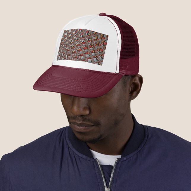 Embossed Ash Grey Maroon Chequered: A Modern Art Trucker Hat (In Situ)
