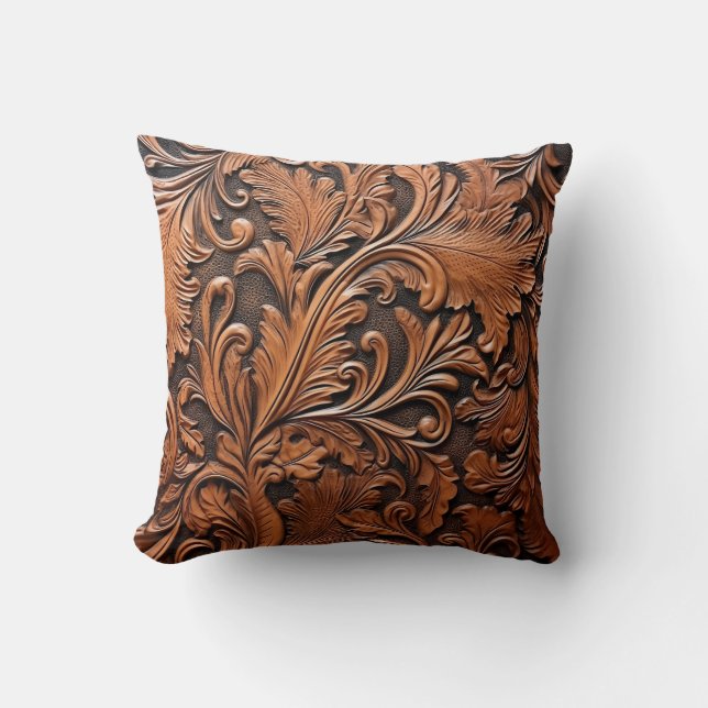 Embossed brown leather cushion (Front)