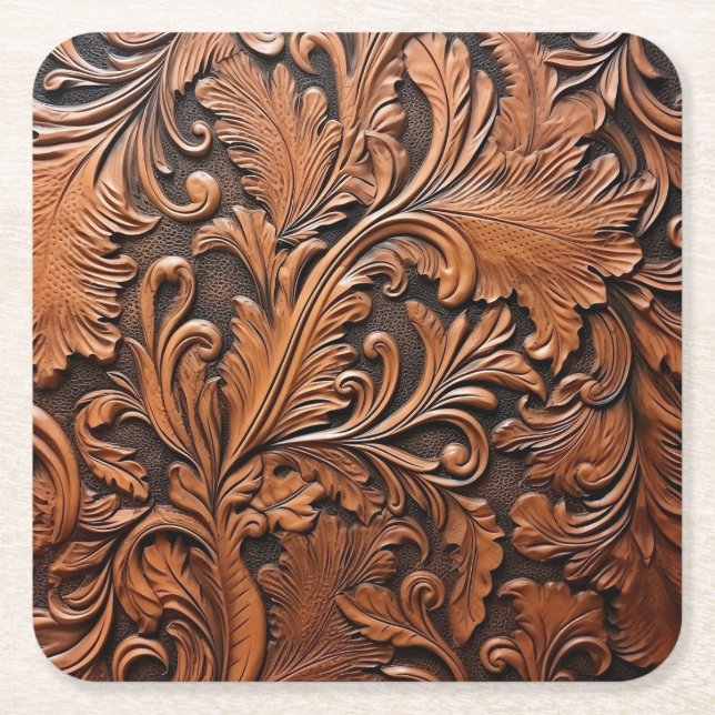 Embossed brown leather square paper coaster (Front)