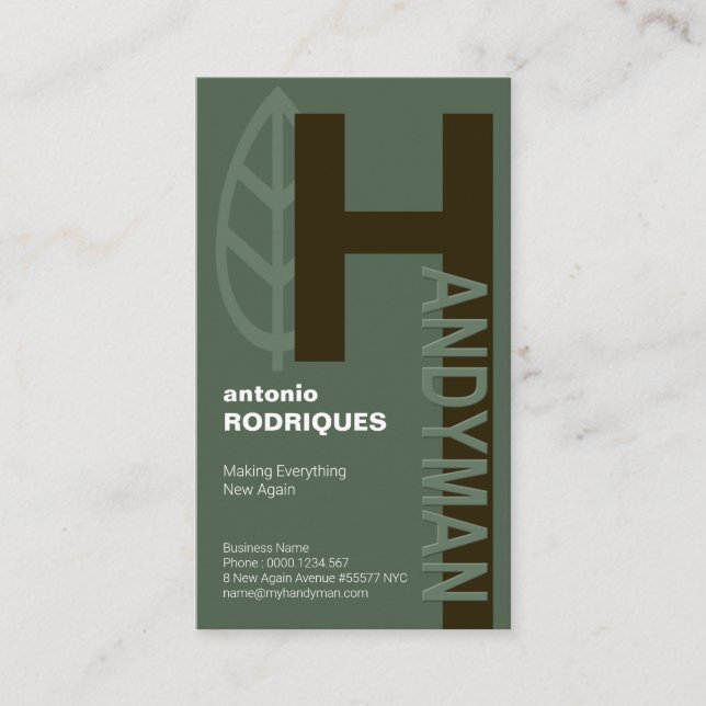 Embossed Creative Alphabet-H Handyman Service Business Card (Front)