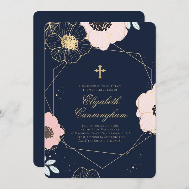 Embossed Floral Foliage Geometric Memorial Funeral Invitation (Front/Back)